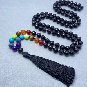 Black Onyx Chakra Mala Beads Necklace | 108 Prayer Knotted Energy Balance & Healing Meditation Tassel Jewelry