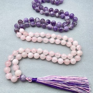 Amethyst & Rose Quartz Mala Necklace: Healing Tassel Necklace