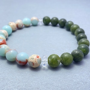 Sea Sediment Jasper & Green Jade Bracelet, Natural Beaded Jewelry for Women, Healing Stone Accessories, Boho Chic Style