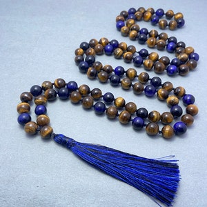 Tiger&#39;s Eye Mala Bead Necklace: Knotted Prayer Beads with Tassel