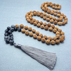 Rudraksha Mala Necklace | 108 Obsidian Prayer Beads | Energy Protection & Healing Meditation Tassel Gift