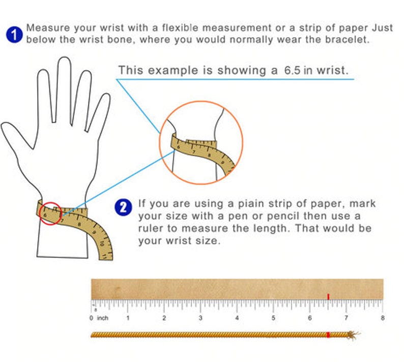 Puede incluir: Diagrama que muestra c&oacute;mo medir la mu&ntilde;eca para un brazalete. La imagen muestra una mano con una cinta m&eacute;trica envuelta alrededor de la mu&ntilde;eca. El texto dice que se debe medir justo debajo del hueso de la mu&ntilde;eca, donde normalmente se llevar&iacute;a un brazalete. El ejemplo muestra una mu&ntilde;eca de 6,5 pulgadas.
