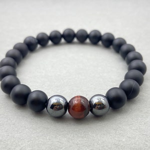 Black Onyx Tiger&#39;s Eye Hematite Bracelet, Natural Stone Beaded Bracelet for Protection & Grounding, Gift for Him or Her