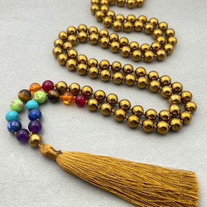 Gold Hematite Mala Beads: Handmade 108 Meditation Necklace