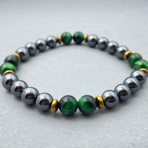 Green Tiger's Eye & Hematite Beaded Bracelet: Healing Gemstone Jewelry