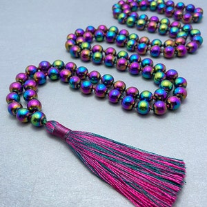 Rainbow Hematite Mala Beads Necklace-108 Mala Prayer Knotted Necklace-Energy Protection Balance Necklace-Healing Meditation Tassel Necklace