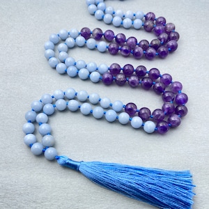 Angelite & Amethyst Mala Necklace - 108 Prayer Beads for Energy Protection And Healing Meditation, Gift with Tassel