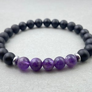 Amethyst & Matte Black Onyx Bracelet | Beaded Gemstone Jewelry for Men And Women, Healing Stones, Adjustable Wristband