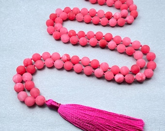 Matte Coral Jade Hand Knotted Mala, 108 Beads Prayer Necklace For Protection Energy Prayer Chanting Mantra Meditation Healing and Gift