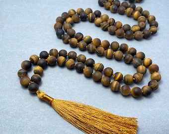 Matte Yellow Tiger Eye Hand Knotted Mala | 108 Beads Necklace For Japa Prayer Chanting Meditation Protection Yoga Gift