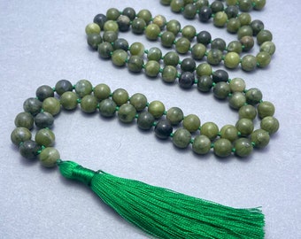Green Jade Hand Knotted Mala, 108 Prayer Necklace, Tassel Necklace, Japa Mala, Buddhist Mala, Prayer Mala, Long Necklace, Chanting Necklace