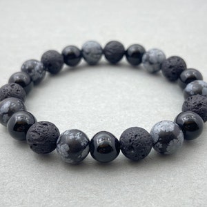 Snowflake Obsidian, Lava & Onyx Beaded Bracelet: 8mm Gemstone Crystal