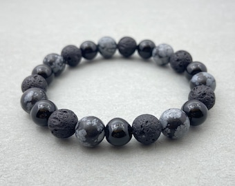 Snowflake Obsidian, Black Lava & Black Onyx Bracelet, Beaded Bracelet, Gift for Her, Gemstone Bracelet, 8mm Beads, Healing Bracelet, Crystal