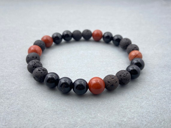 Lava, Onyx & Red Jasper Bracelet | Natural Crystal 8mm Beaded