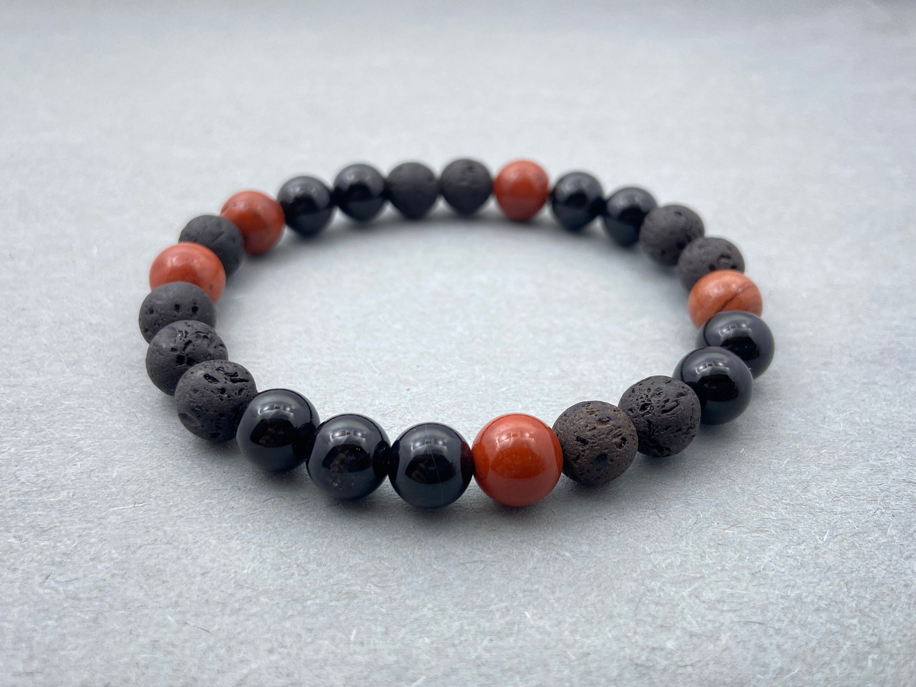 Lava, Onyx & Red Jasper Bracelet | Natural Crystal 8mm Beaded