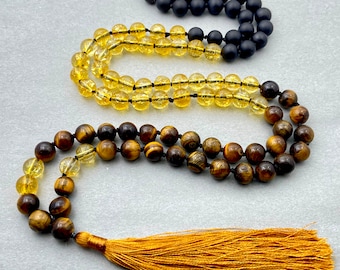 Citrine, Onyx & Tiger's Eye Mala Beads Necklace-108 Mala Prayer Knotted Necklace-Energy Balance Necklace-Healing Meditation Tassel Necklace