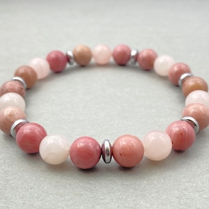 Rhodonite & Rose Quartz Bracelet: Beaded Gemstone Healing Jewelry