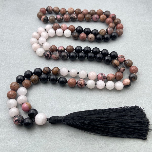 Obsidian Mala Perlen Halskette-108 Mala Gebet geknotete Halskette-Energie Schutz Balance Halskette-Heilung Meditation Quaste Halskette Geschenk