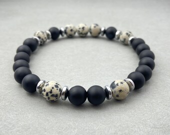 Matte Black Onyx & Dalmatian Jasper Bracelet, Beaded Bracelet, Gemstone Bracelet, Healing Bracelet, 8mm Beads, Friendship Bracelet, For Gift