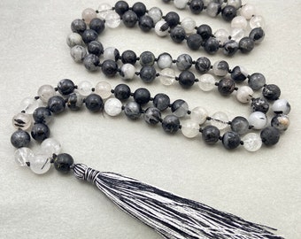 Toermalijnkwarts Mala, gebedsketting, Tibetaanse geknoopte mala, toermalijnkwarts ketting, 108 kralen ketting, mantra/yoga/japa mala