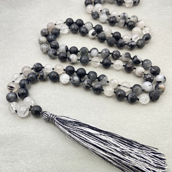 Tourmalinated Quartz Mala, Prayer Necklace, Tibetan Knotted Mala, Tourmalated Quartz Necklace, 108 Beads Necklace, Mantra/Yoga/Japa Mala