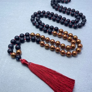 Onyx & Hematite Mala Beads Necklace | 108 Prayer Knotted Energy Protection And Balance | Healing Meditation Tassel Jewelry