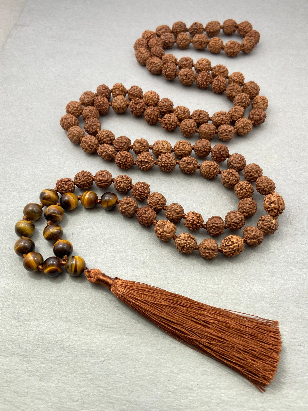 Rudraksha Tiger's Eye Hand Knotted Mala, 108 Prayer Necklace