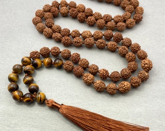 【美品・美虎杢】Roman Teller Mala 1998年　ドイツ製　4/4 Rudraksha Tiger's Eye Hand Knotted Mala, 108 Prayer Necklace