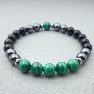 Malachite Bracelet: Natural Beaded Malachite, Hematite & Onyx Bracelet for Healing And Protection, Handmade Gemstone Jewelry