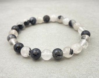Tourmalinated Quartz Bracelet | Natural Crystal 8mm Beaded Bracelet Stretch Bracelet For Meditation Healing Prayer Yoga and Gift