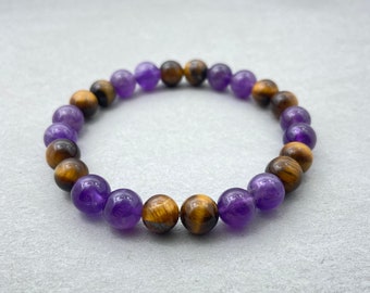 Amethyst & Tiger Eye Bracelet: Beaded Gemstone Healing Jewelry