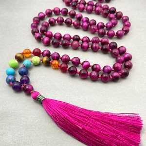 Mala dei 7 chakra in occhio di tigre: collana di preghiera annodata con 108 perline