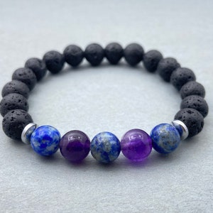 Amethyst, Lava & Lapis Lazuli Beaded Bracelet – Essential Oils Diffuser, Buddhist Jewelry, Best Friend Gift for Him