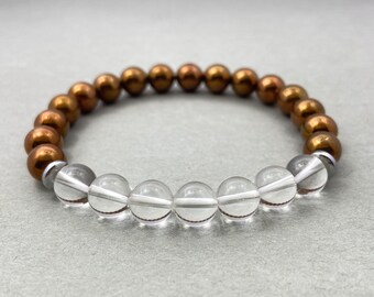 Clear Quartz & Rose Gold Hematite Bracelet | Natural Crystal Beaded Bracelet 8mm For Meditation Healing Yoga Birthstone Friendship