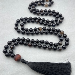 Banded Black Onyx Mala, Prayer Necklace, Tibetan Mala, Knotted Mala, Black Onyx Necklace, 8mm Bead Mala, 108 Bead Onyx Mala Yoga Mantra Mala