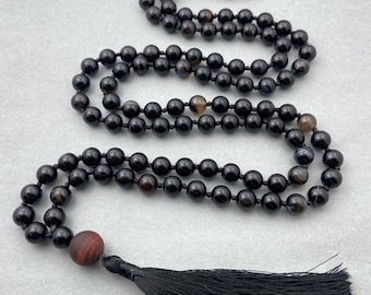 Banded Black Onyx Mala, Prayer Necklace, Tibetan Mala, Knotted Mala, Black Onyx Necklace, 8mm Bead Mala, 108 Bead Onyx Mala Yoga Mantra Mala