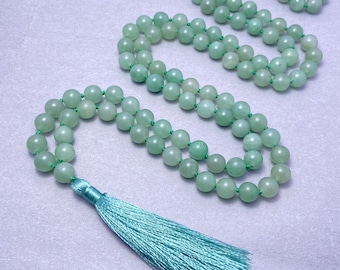 Green Aventurine Mala Beads Necklace-108 Mala Prayer Knotted Necklace-Energy Protection Balance Necklace-Healing Meditation Tassel Necklace