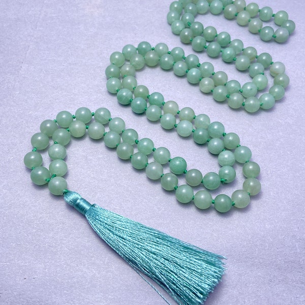 Green Aventurine Mala Beads Necklace-108 Mala Prayer Knotted Necklace-Energy Protection Balance Necklace-Healing Meditation Tassel Necklace