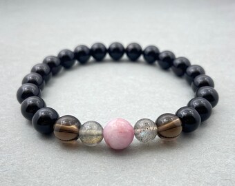 Bracciale in kunzite, labradorite, onice fumé e onice / Bracciale con perline di cristallo naturale da 8 mm, bracciale elastico per meditazione, guarigione, preghiera, yoga, regalo