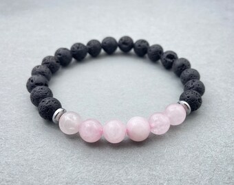 Rose Quartz & Black Lava Bracelet, Natural Crystal 8mm Beaded Bracelet Stretch Bracelet For Meditation Healing Prayer Yoga and Gift