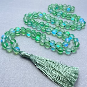 Matte Green Aura Quartz Mala Bead Necklace: Chakra Healing Jewelry