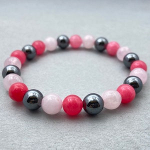 Hematite Bracelet - Coral Jade & Rose Quartz Beaded Bracelet for Energy Healing, Yoga, or Meditation