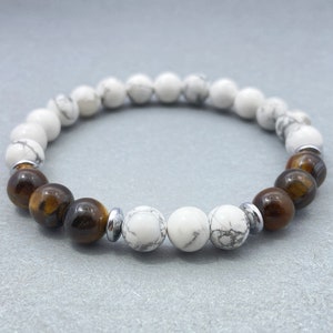 Howlite & Tiger&#39;s Eye Beaded Bracelet – Essential Oils Diffuser, Buddhist Wristband, Best Friend Gift for Him