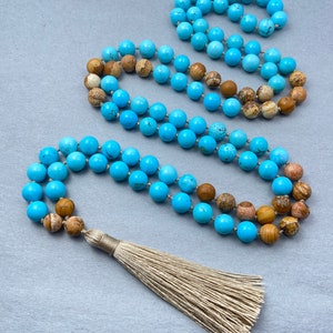 Turquoise & Jasper Mala Beads Necklace-108 Mala Prayer Knotted Necklace-Energy Protection Necklace-Healing Meditation Tassel Necklace Gift