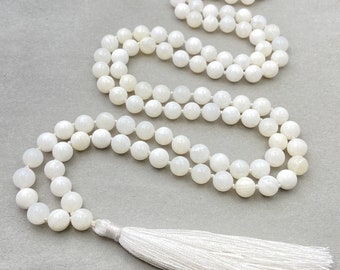 Mother Of Pearl Mala, Prayer Necklace, Tibetan Mala, Knotted Mala, Mother Of Pearl Necklace, 108 Beads Mala Necklace, Mantra/Yoga/Japa Mala