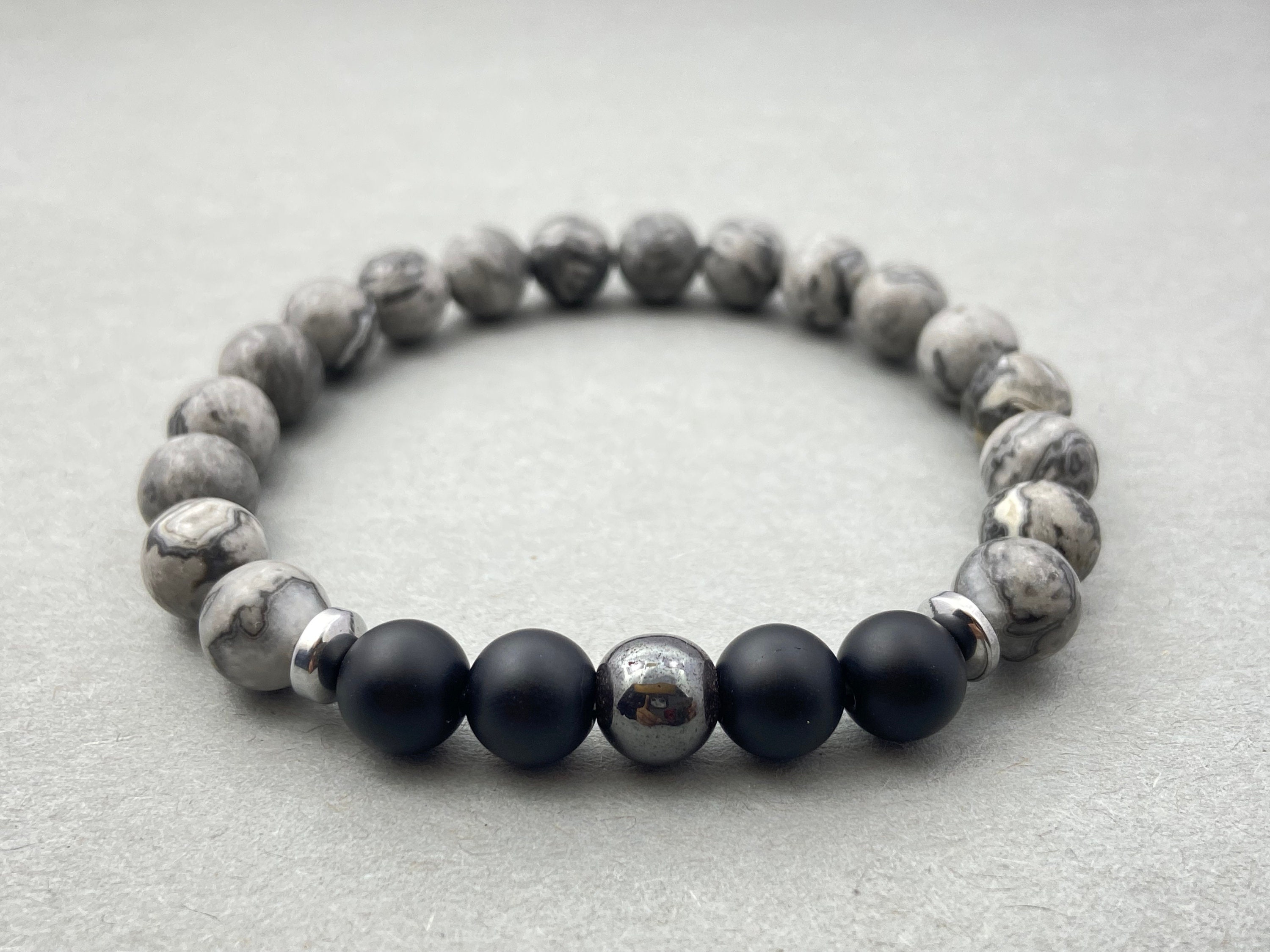 Map Jasper Hematite & Onyx Bracelet | Natural Crystal 8mm Beaded