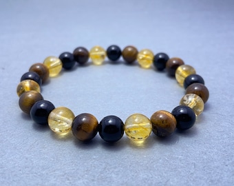 Tiger Eye, Citrine & Onyx Beaded Bracelets, Natural Crystal, Stretch Bracelet 8mm, Healing Meditation Yoga Birthstone Friendship Bracelets