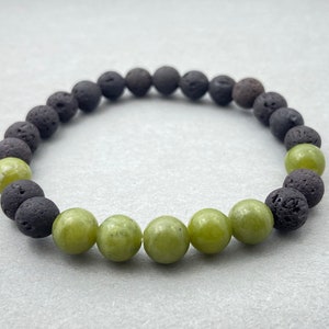Green Serpentine & Black Lava Essential Oil Diffuser Bracelet: Buddhist Beads
