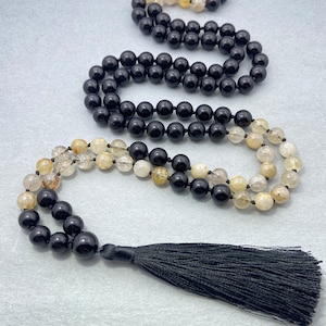 Rutile & Obsidian Mala Beads Necklace - 108 Prayer Beads, Japa Mala for Meditation, Yoga Gifts, Spiritual Healing
