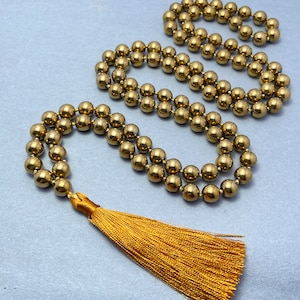 Gold Hematite Mala Necklace: 108 Bead Spiritual Tassel Necklace